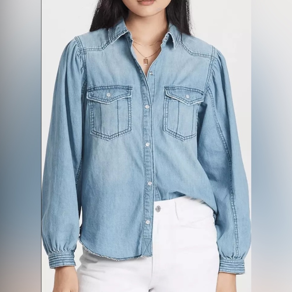 Free People Denim Shirt Button Down Puff Sleeve Size XS